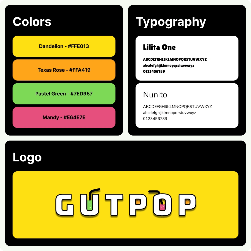 Gut Pop brand kit showing its color palette, typography, and logo