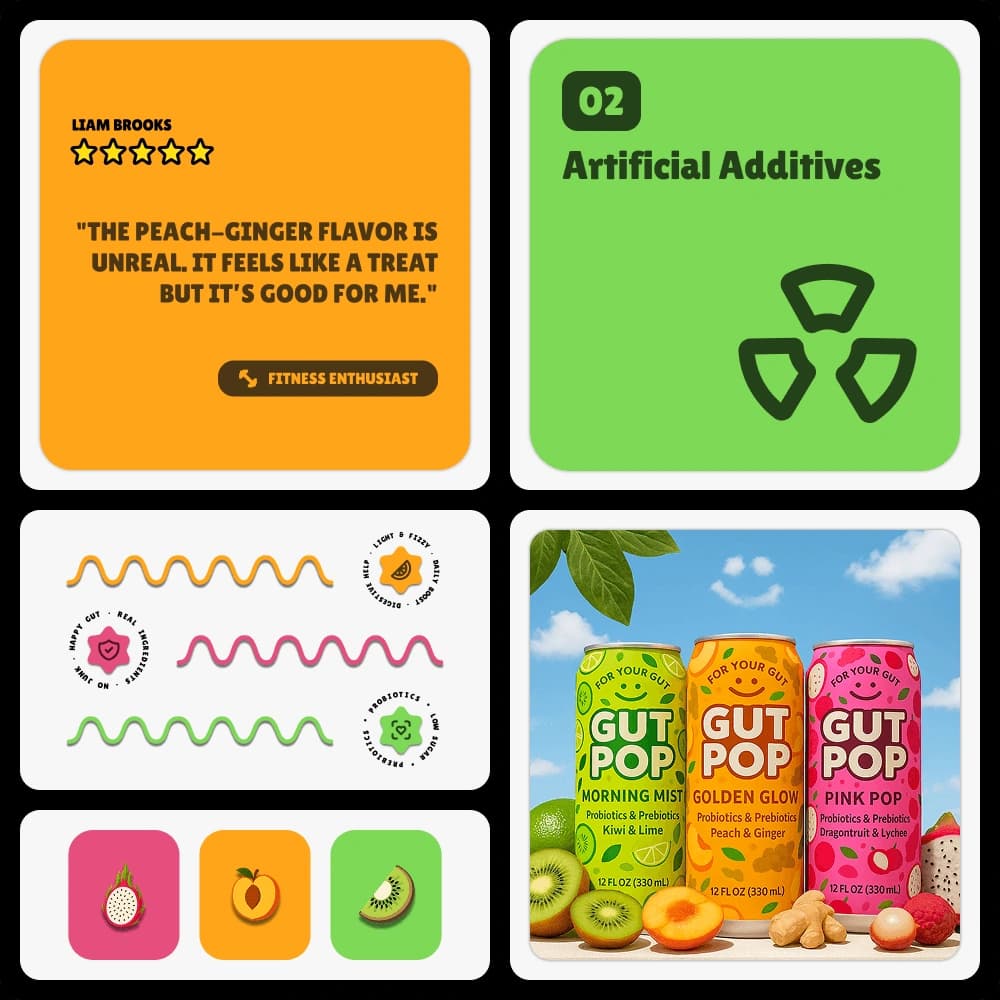 Gut Pop packaging, ingredient, and product visual elements