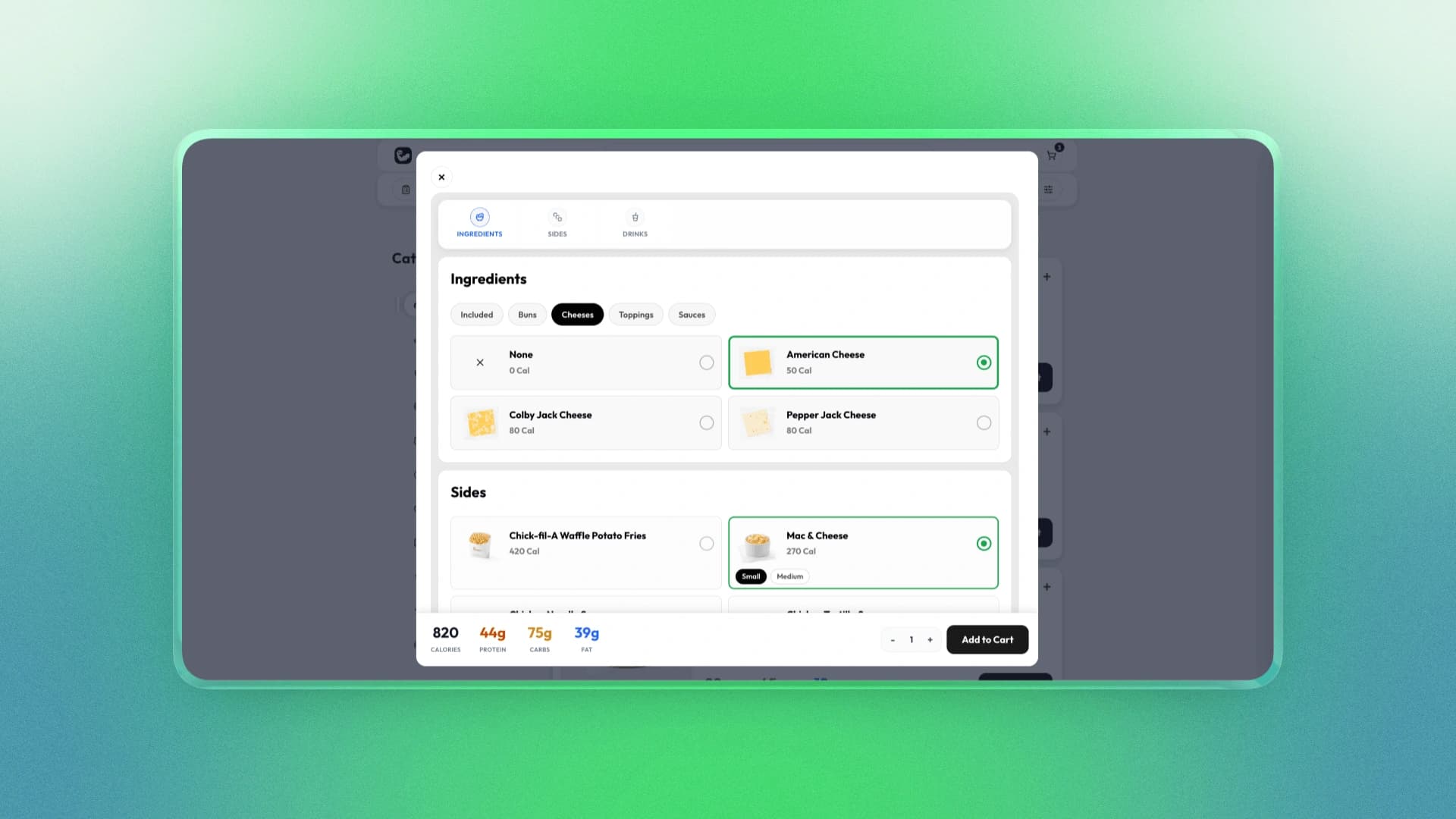 Macro Maxxer ingredient, portion, variant, and add-on customization