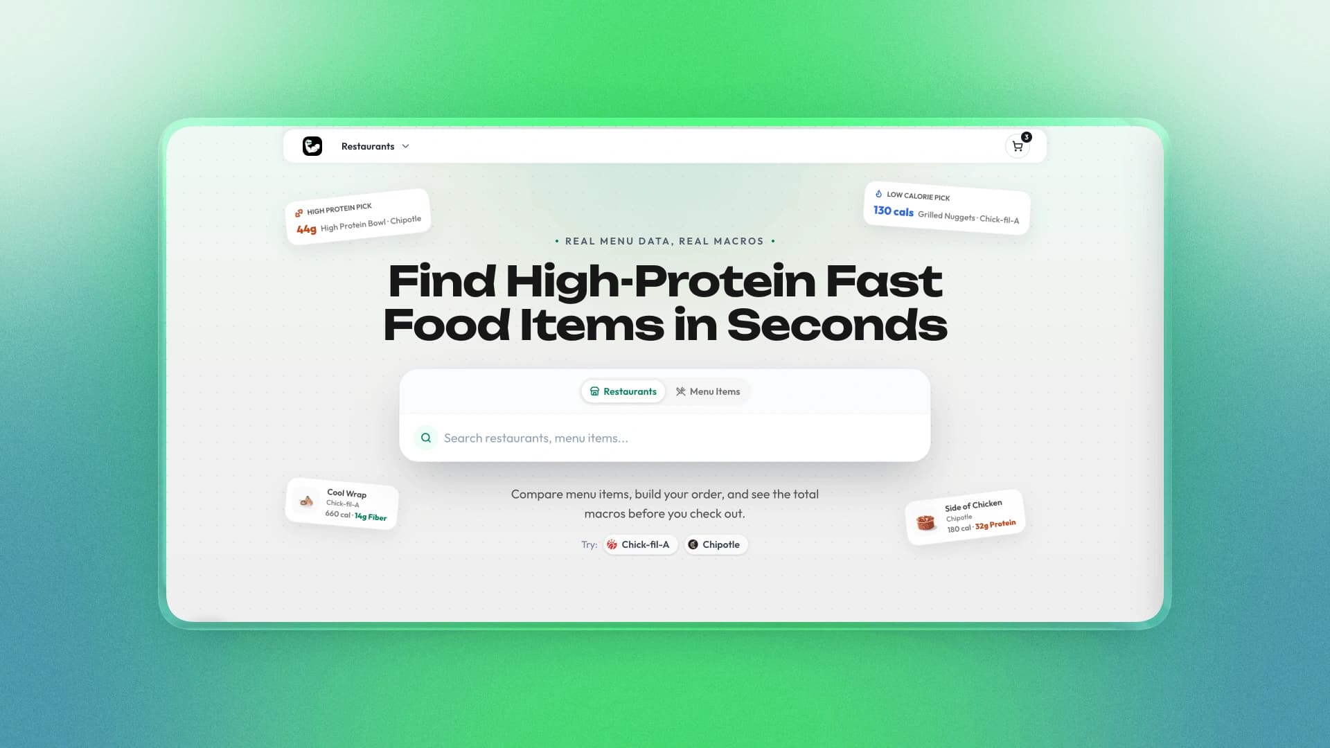 Macro Maxxer homepage search for restaurants and menu items