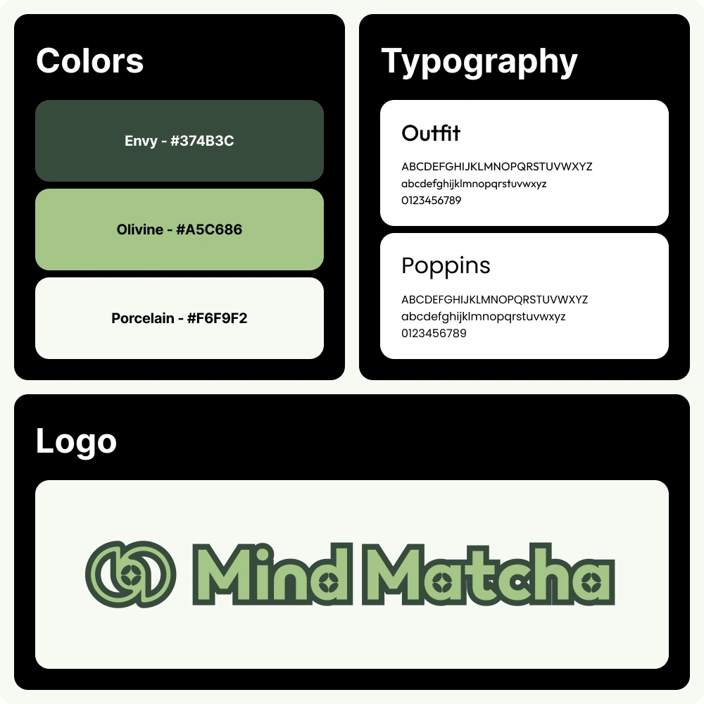 Mind Matcha brand kit showing its color palette, typography, and logo