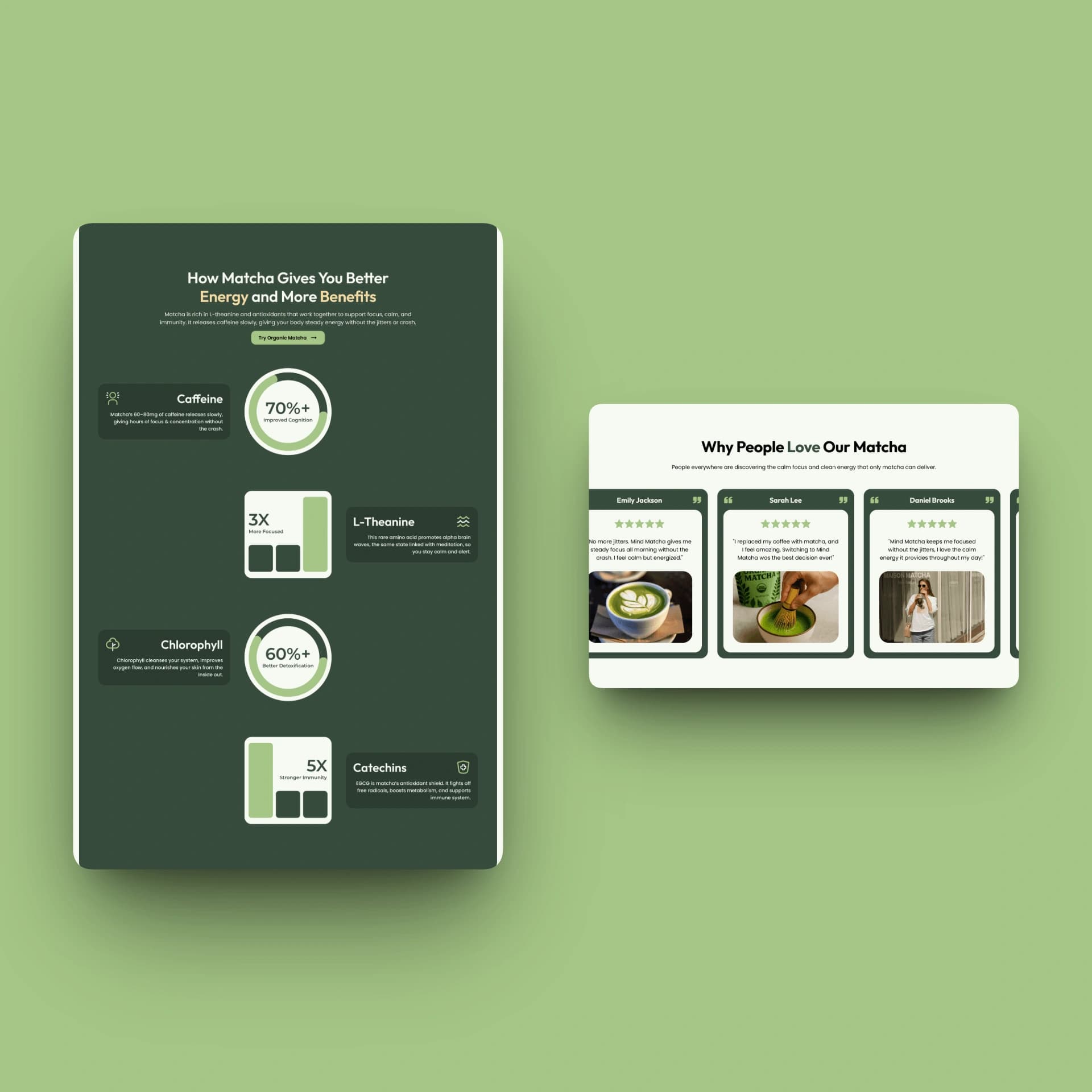 Mind Matcha benefits and customer review sections