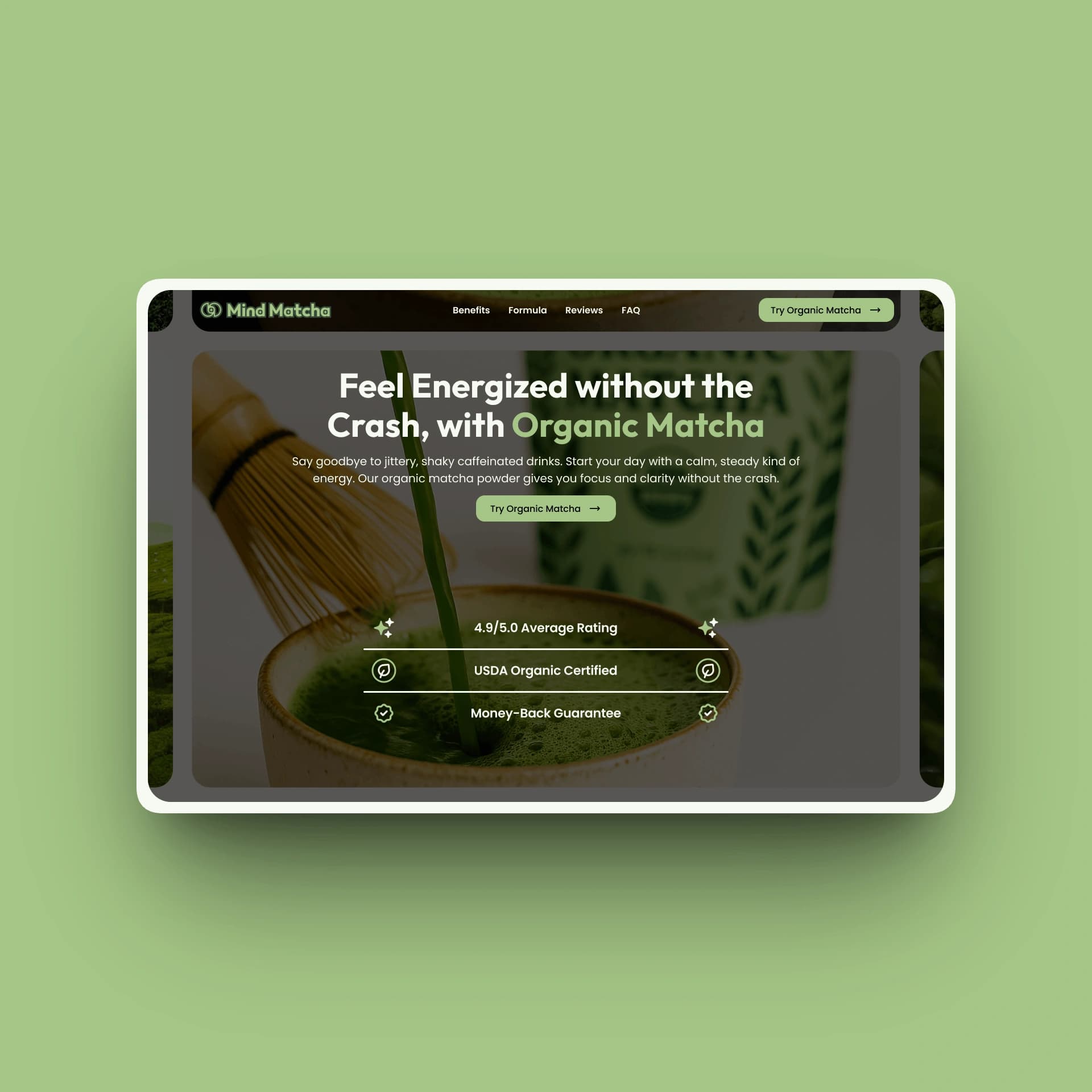 Mind Matcha hero section focused on calm, steady energy