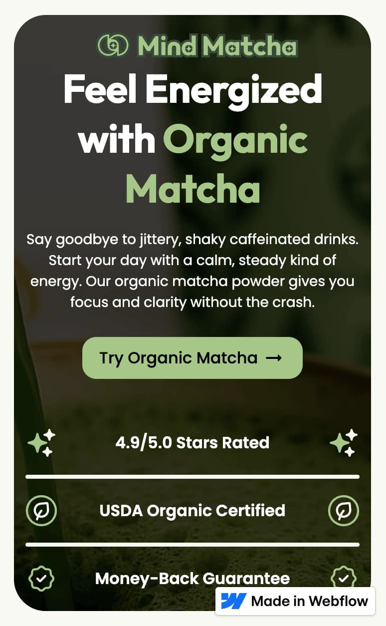 Mind Matcha landing page shown at the 390 pixel mobile viewport