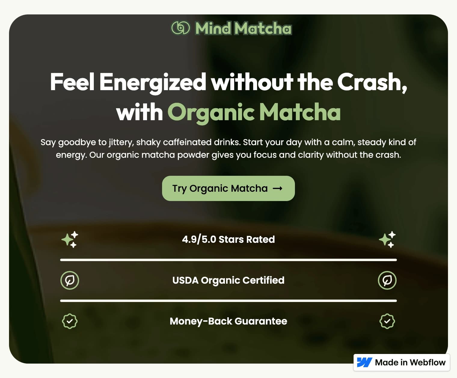 Mind Matcha landing page shown at the 760 pixel tablet viewport
