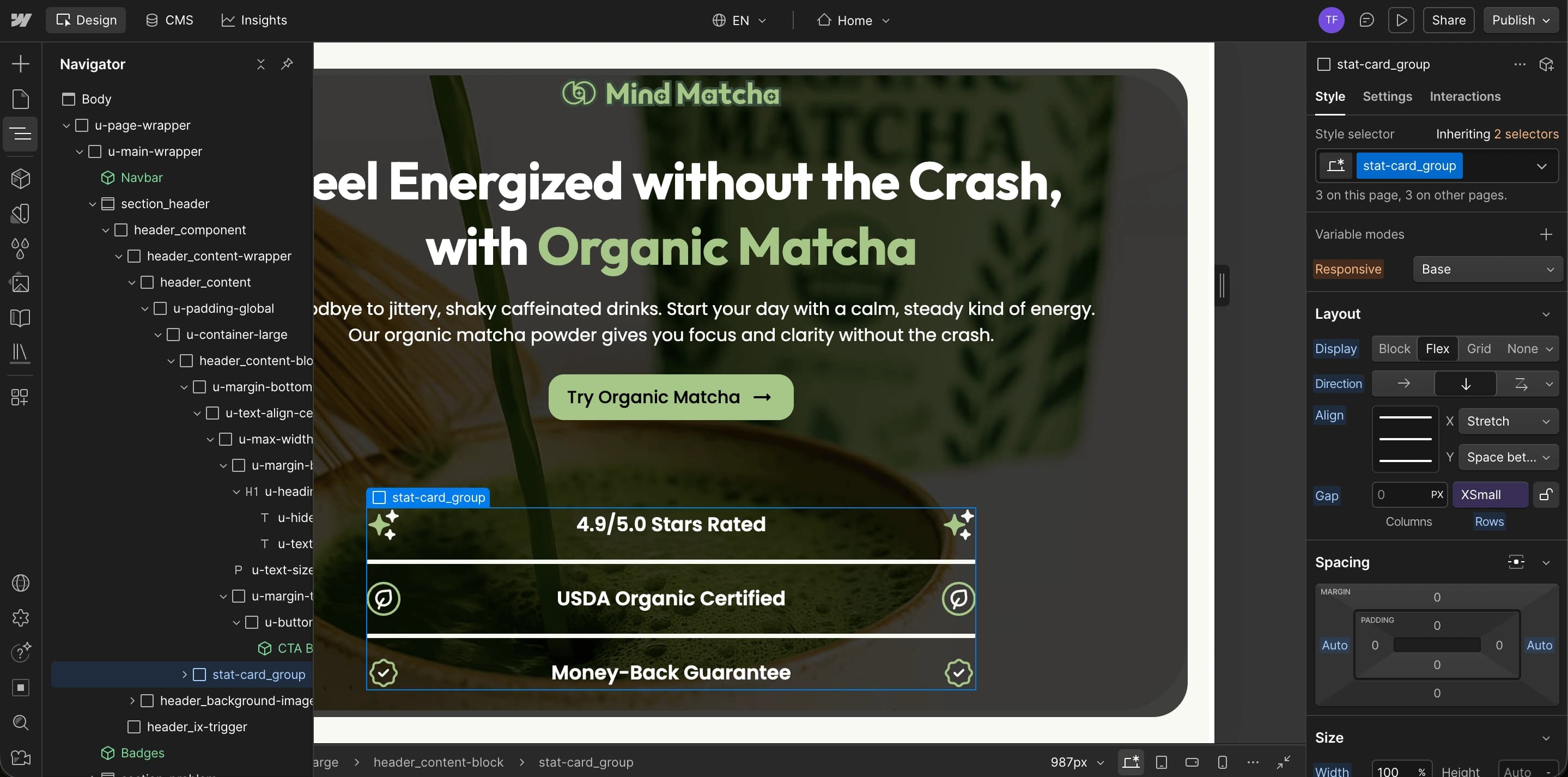 Mind Matcha landing page open in the Webflow Designer with its component structure and style controls visible