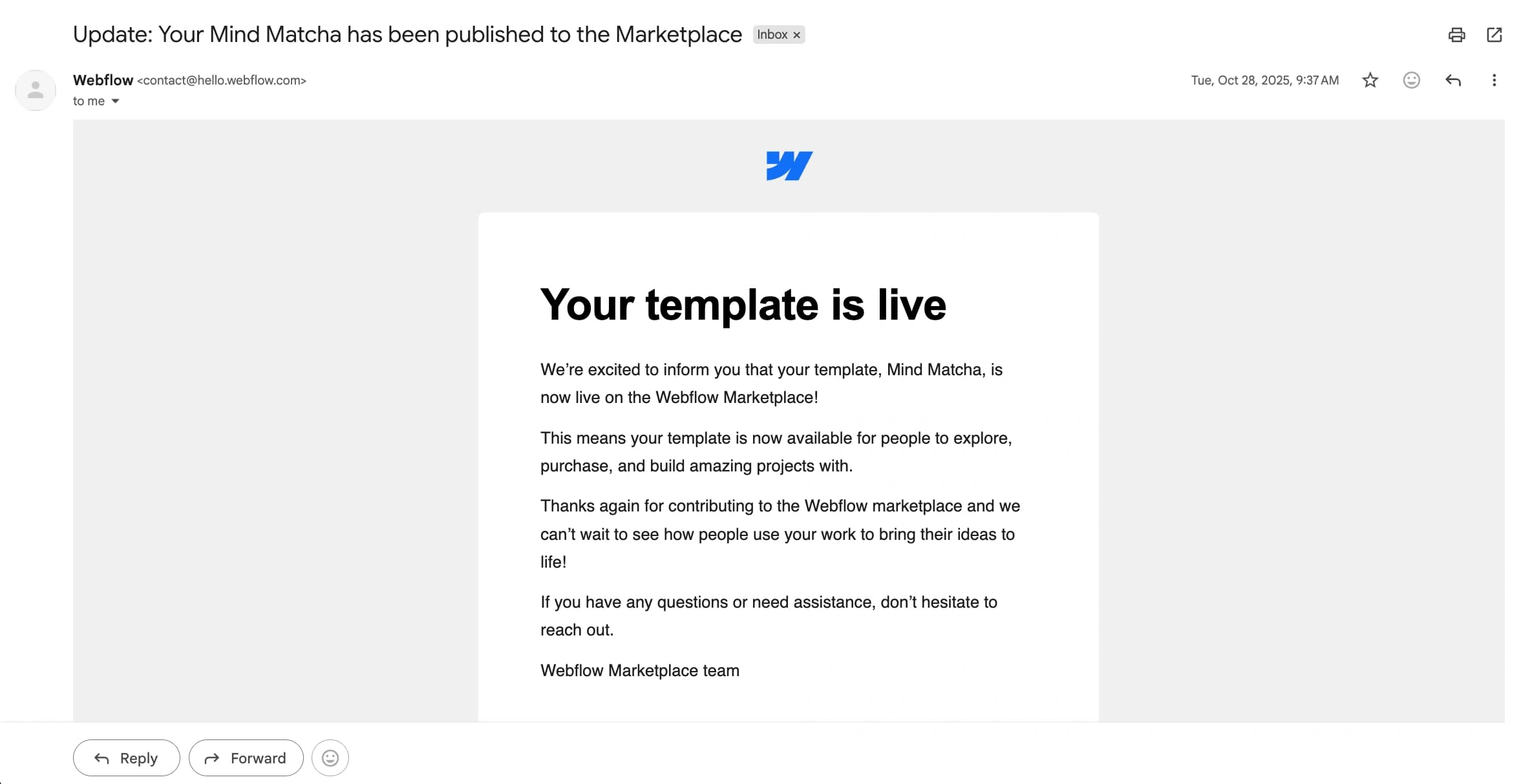 Webflow Marketplace email confirming that the Mind Matcha template was published