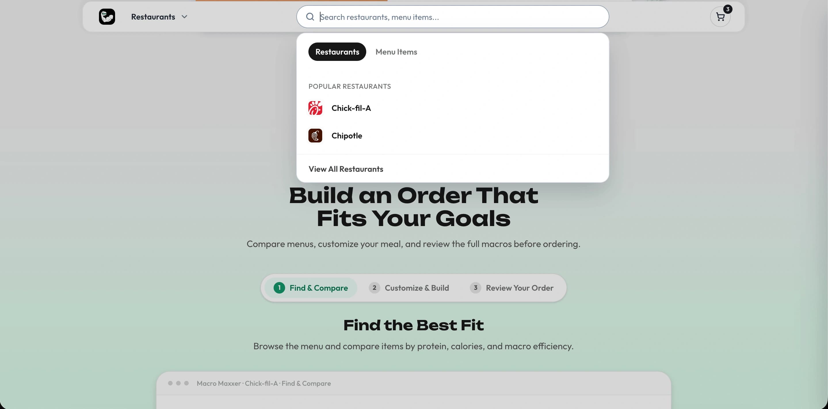 Macro Maxxer restaurant and menu-item search experience