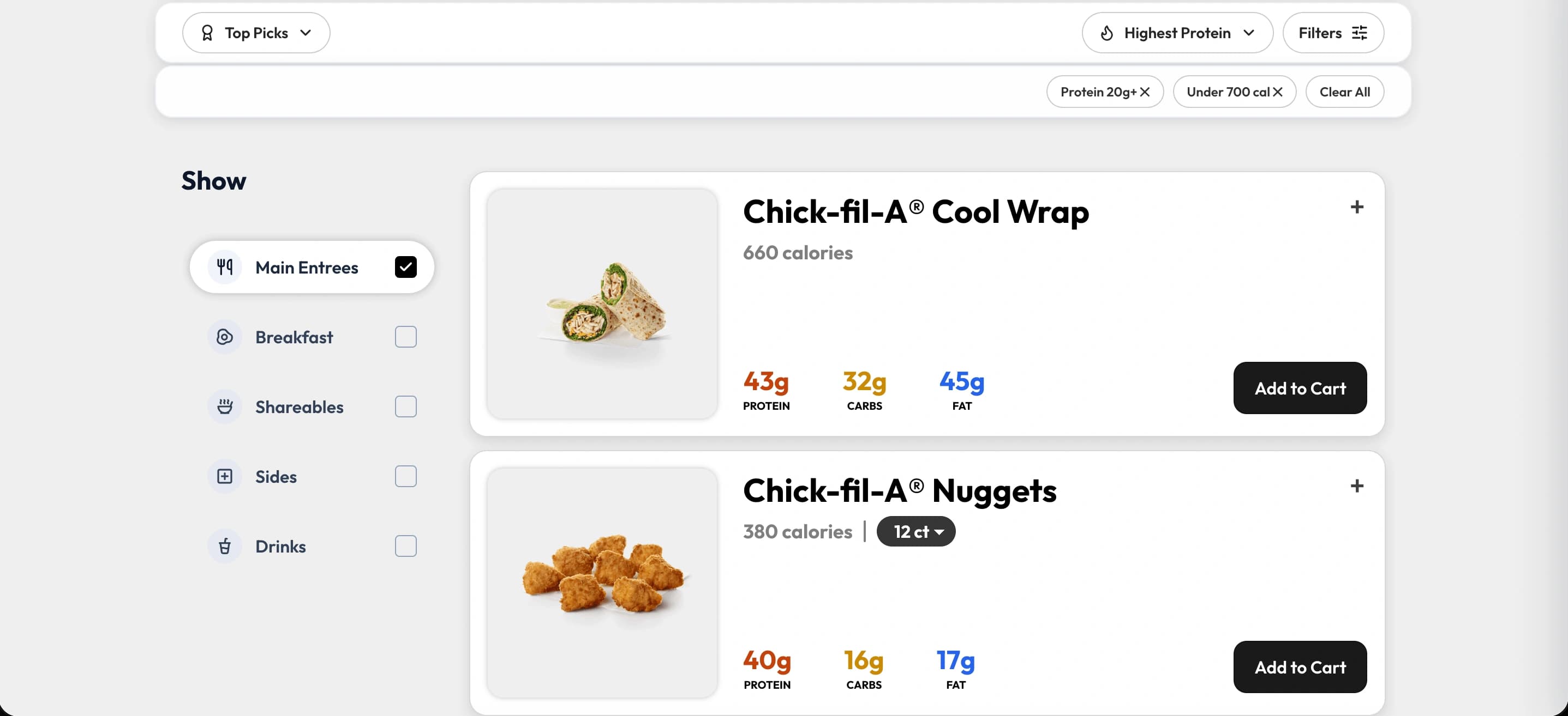 Macro Maxxer menu categories, sorting, and nutrition filters
