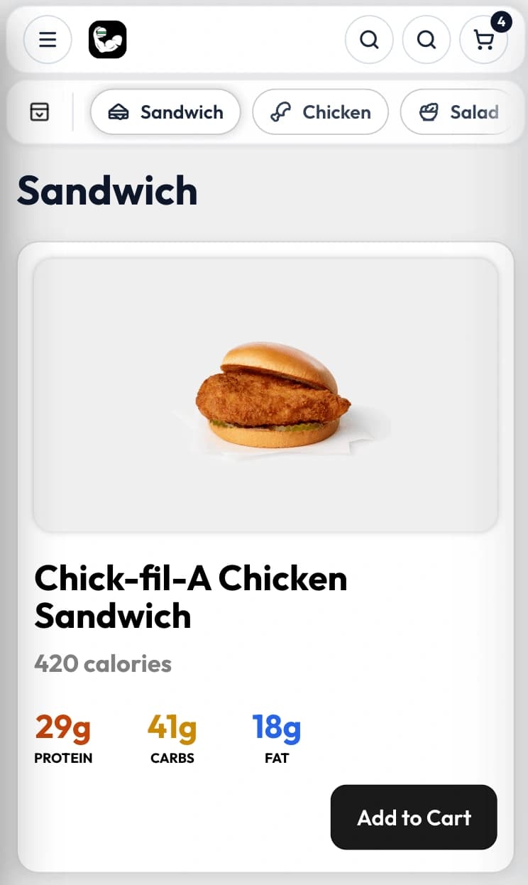Macro Maxxer mobile restaurant menu at a 390 pixel viewport