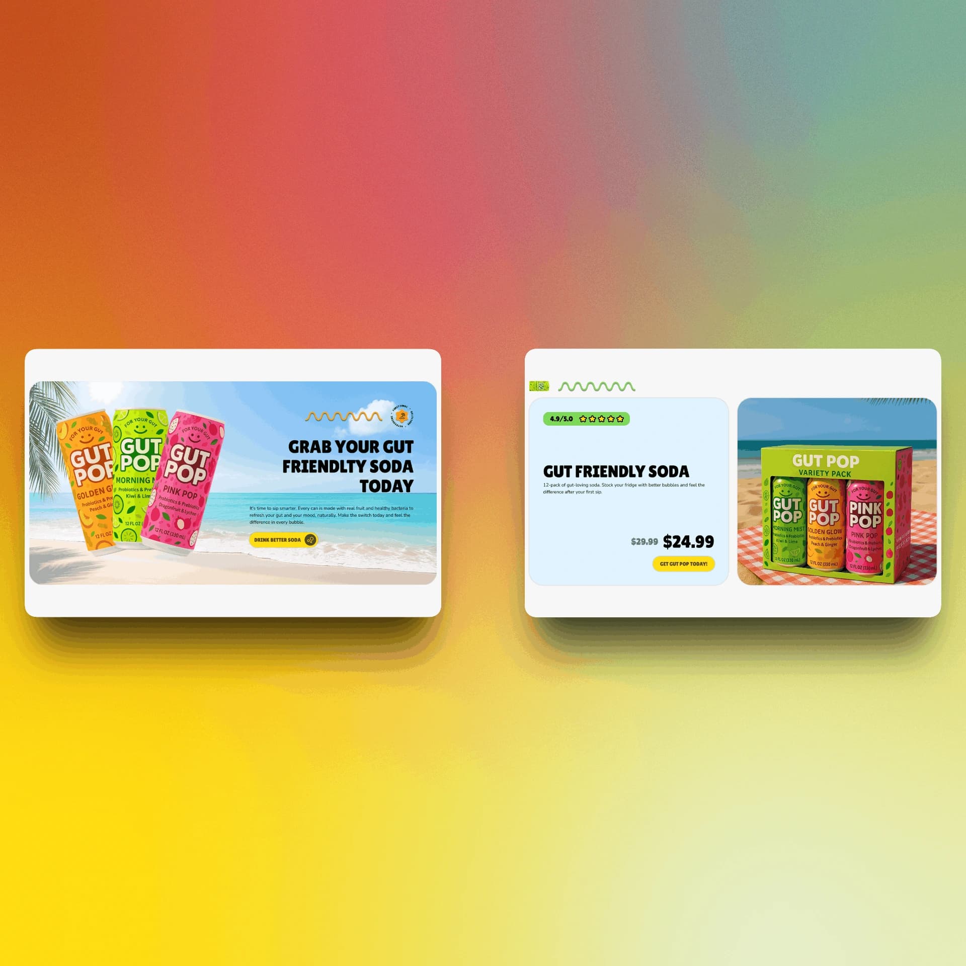 Gut Pop variety pack offer with flavor choices, pack sizes, pricing, and purchase call to action