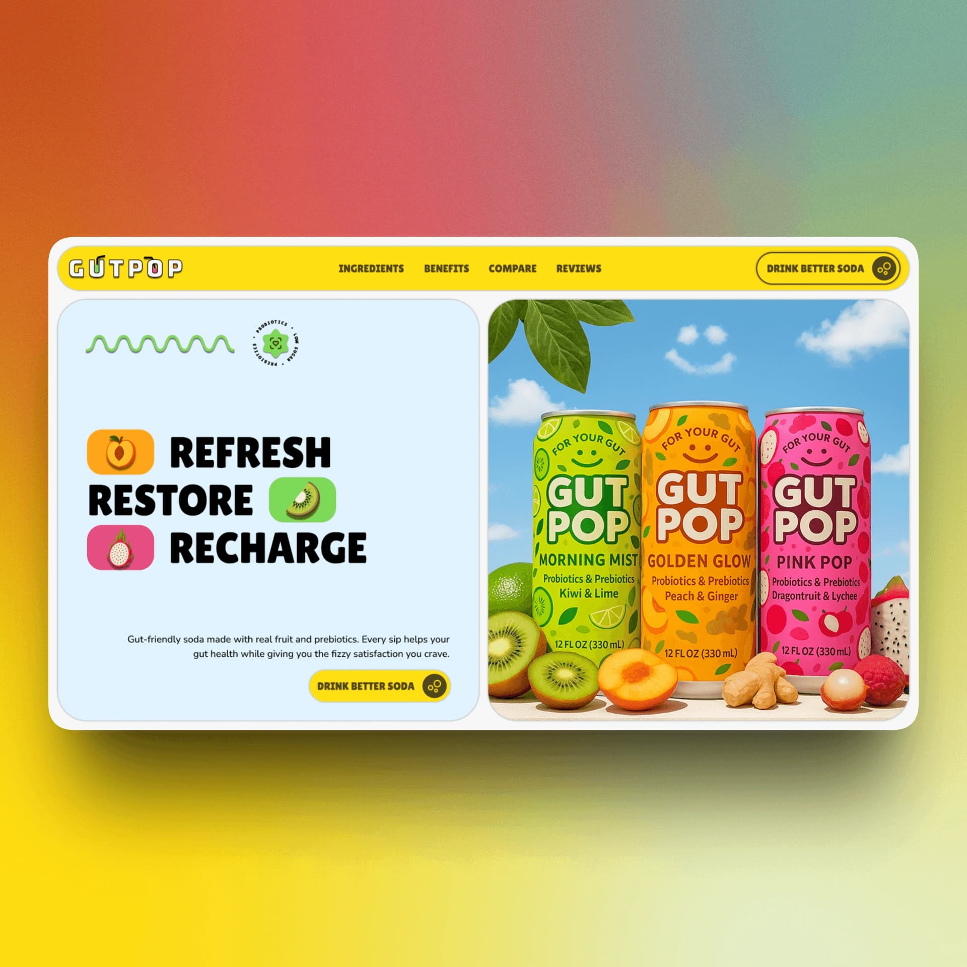 Gut Pop hero section with colorful product packaging and the opening call to action