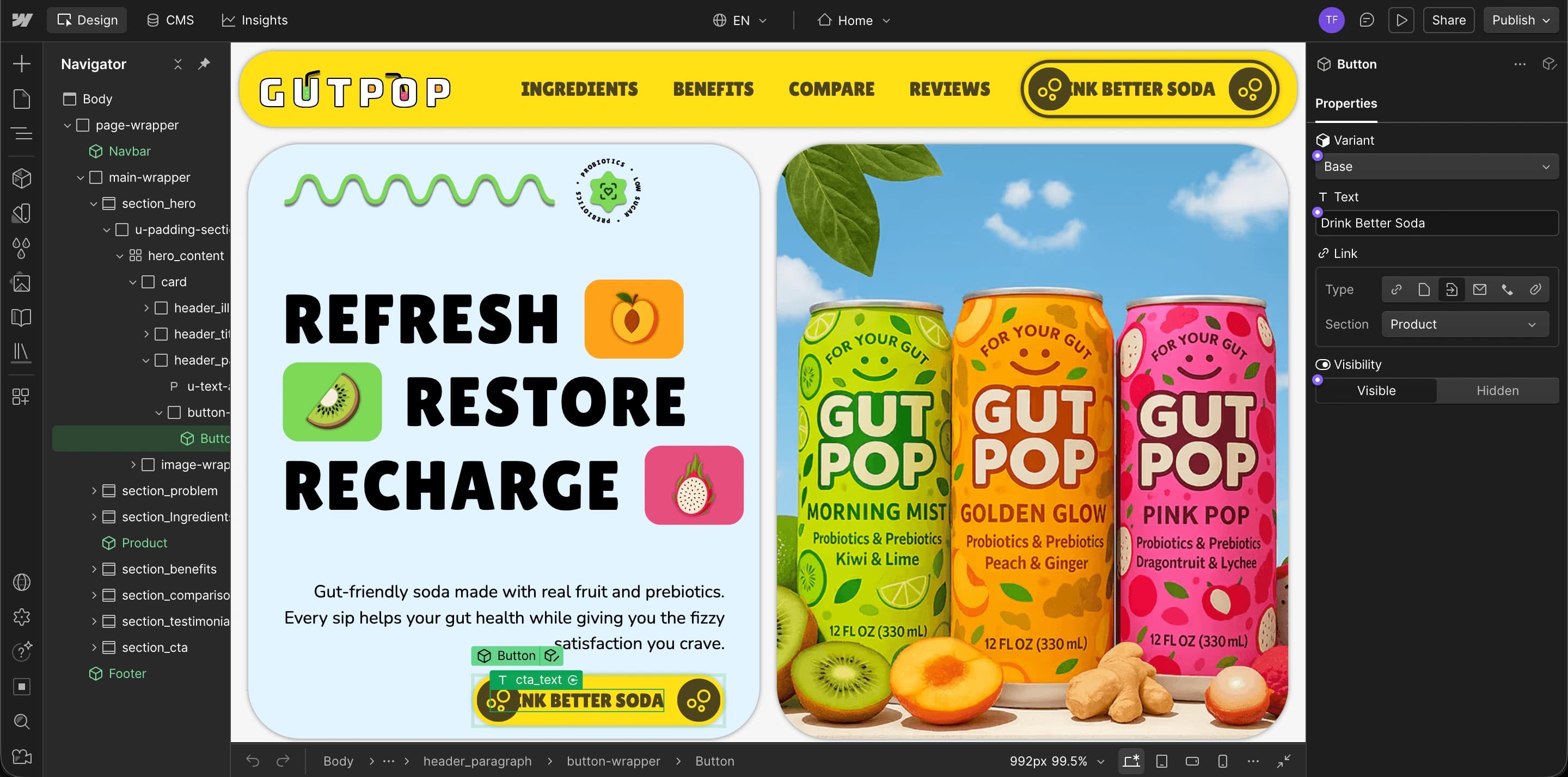 Gut Pop landing page open in the Webflow Designer with its component structure and style controls visible